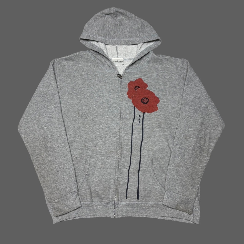 Marushka Handprints Grey Poppy Flower Graphic Zip Up Hoodie Mens XL Floral Art